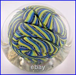 Jody Fine 3.5 Blue/Yellowith Green/Lilac Ribbon Glass Paperweight In Clear Signed