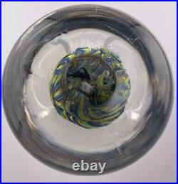 Jody Fine 3.5 Blue/Yellowith Green/Lilac Ribbon Glass Paperweight In Clear Signed