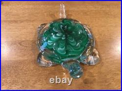 Joe St Clair Signed Green Clear Art Glass Turtle Paper Weight Figurine