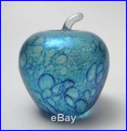 John Ditchfield Glasform Iridescent Blue Art Glass Apple Paperweight With Label