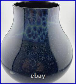 Josh Simpson Signed 1995 Blue Inhabited Planet/Galaxy Art Glass Gourd Vase 7 H