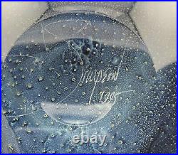 Josh Simpson Signed 1995 Blue Inhabited Planet/Galaxy Art Glass Gourd Vase 7 H