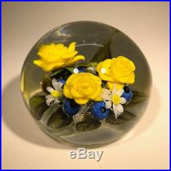 Katsumi Sakakibara Art Glass Paperweight Lampwork Yellow Roses & Blueberries