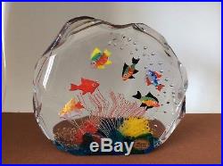 LARGE 1960s Italian Murano Glass Aquarium Paperweight Sculpture 6 Fish & Label