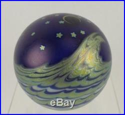 LUNDBERG Studios Paperweight 1997 Art Glass STARRY NIGHT Moon Stars Waves