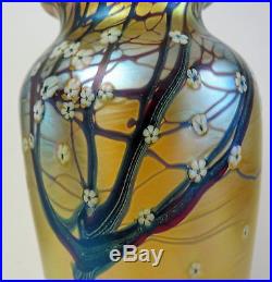 Large Art Glass Orient &Flume Iridescent Gold Hawthorne Blossoms Murrhinis vase