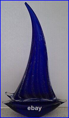 Large Cobalt Blue Glass Art Sailboat Paperweight Gia Or Murano Unmarked