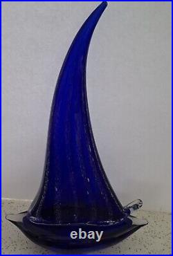 Large Cobalt Blue Glass Art Sailboat Paperweight Gia Or Murano Unmarked