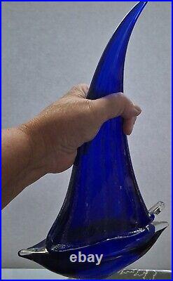 Large Cobalt Blue Glass Art Sailboat Paperweight Gia Or Murano Unmarked