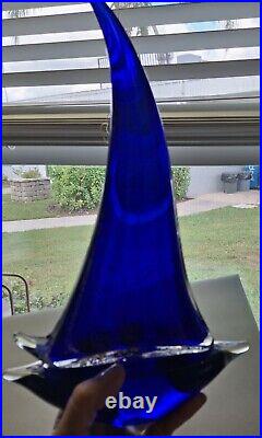 Large Cobalt Blue Glass Art Sailboat Paperweight Gia Or Murano Unmarked