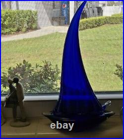 Large Cobalt Blue Glass Art Sailboat Paperweight Gia Or Murano Unmarked