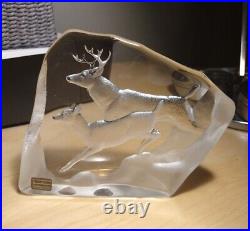 Large Mats Jonasson Glass/Crystal Paperweight Sculpture 2 Running Deer/Animal