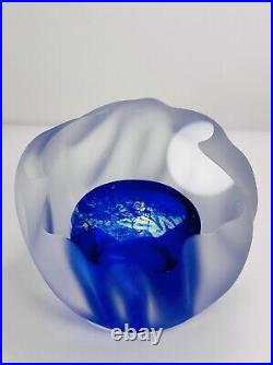 Large Neil Duman Iridescent Blue & Clear Hand Blown Art Glass Paperweight 2003