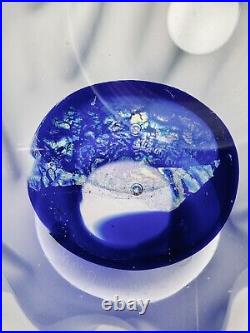 Large Neil Duman Iridescent Blue & Clear Hand Blown Art Glass Paperweight 2003