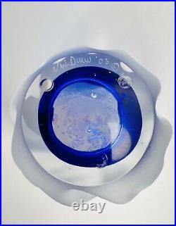 Large Neil Duman Iridescent Blue & Clear Hand Blown Art Glass Paperweight 2003