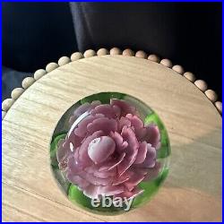 Large Pink Rose Art Glass Pedestal Paperweight 5.5, Heavy over 2 Lbs Unsigned