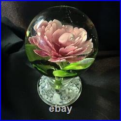 Large Pink Rose Art Glass Pedestal Paperweight 5.5, Heavy over 2 Lbs Unsigned