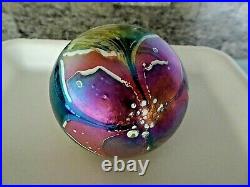 Large Signed 1987 Glass House Studio Iridescent Flower Paperweight Cobalt Blue
