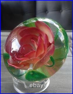 Large Vintage Pairpoint Art Glass Coral Crimp Rose Flower Paperweight