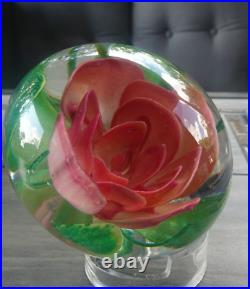 Large Vintage Pairpoint Art Glass Coral Crimp Rose Flower Paperweight