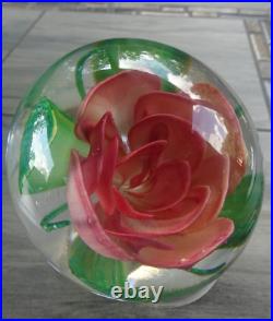 Large Vintage Pairpoint Art Glass Coral Crimp Rose Flower Paperweight