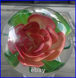 Large Vintage Pairpoint Art Glass Coral Crimp Rose Flower Paperweight