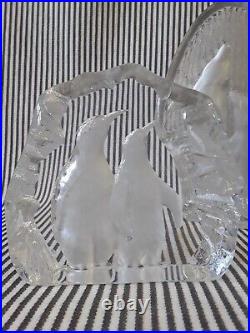Lrg 6 Mats Jonasson Signed 2 Penguins Art Glass Crystal Sculpture Sweden 3154