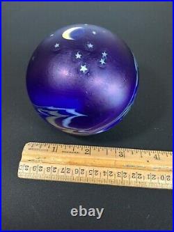 Lundberg Studios Glass Paperweight Celestial Moon Stars Pulled Feather 1990