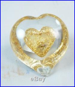 M Design Art Glass Gold Heart in Clear Heart Paperweight PW-621 Kitchen
