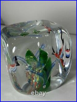 MURANO SOLID GLASS FISH AQUARIUM CUBE SCULPTURE ITALY 3lbs3oz 3.5 x 3.25
