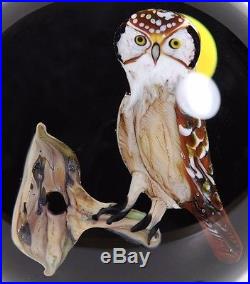 Magnificent RICK AYOTTE 1982 OWL, Moon, and TREE ART Glass PAPERWEIGHT