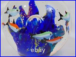 Magnum Art Glass Paperweight Cobalt Blue Seascape Coral 9 Fish #36