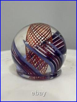 Mark Matthews Orange Purple Blue Swirled Small Art Glass Paperweight Signed 2