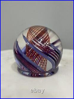 Mark Matthews Orange Purple Blue Swirled Small Art Glass Paperweight Signed 2