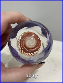 Mark Matthews Orange Purple Blue Swirled Small Art Glass Paperweight Signed 2