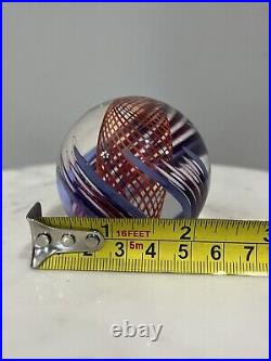 Mark Matthews Orange Purple Blue Swirled Small Art Glass Paperweight Signed 2