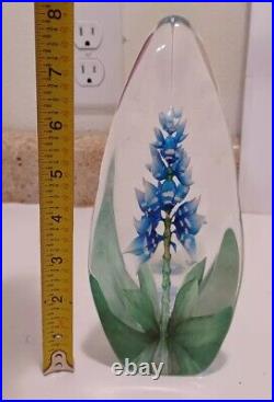Mats Jonasson Signed Art Glass Crystal Paperweight Sculpture #3818 Blue Orchid