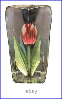 Mats Jonasson Tall Pink Tulip Glass Paperweight Signed WithLighted Jonasson Stand