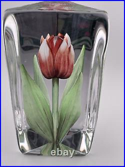 Mats Jonasson Tall Pink Tulip Glass Paperweight Signed WithLighted Jonasson Stand