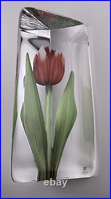 Mats Jonasson Tall Pink Tulip Glass Paperweight Signed WithLighted Jonasson Stand