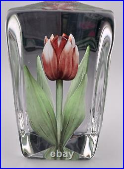 Mats Jonasson Tall Pink Tulip Glass Paperweight Signed WithLighted Jonasson Stand