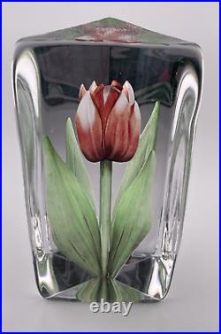 Mats Jonasson Tall Pink Tulip Glass Paperweight Signed WithLighted Jonasson Stand