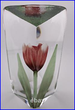 Mats Jonasson Tall Pink Tulip Glass Paperweight Signed WithLighted Jonasson Stand