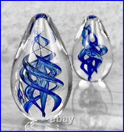 Mid-Century Hand Blown Art Glass Blue Spiraled Egg Paperweight A Pair