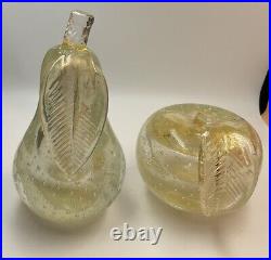 Murano Alfredo Barbini Glass Apple & Pear Paperweights Bookends Gold Fleck