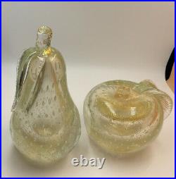 Murano Alfredo Barbini Glass Apple & Pear Paperweights Bookends Gold Fleck