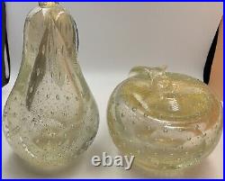 Murano Alfredo Barbini Glass Apple & Pear Paperweights Bookends Gold Fleck