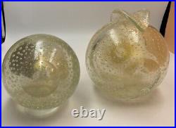 Murano Alfredo Barbini Glass Apple & Pear Paperweights Bookends Gold Fleck