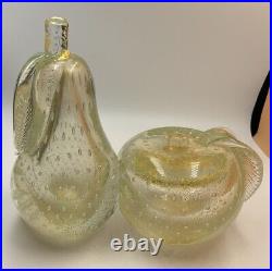 Murano Alfredo Barbini Glass Apple & Pear Paperweights Bookends Gold Fleck