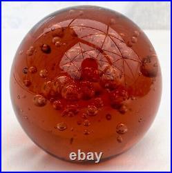 Murano Glass Vintage Amber Bubble Paperweight Ruby Orange Heavy Desk Decoration
